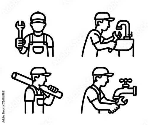 Vector Outline icons of male workers with tools and plumbing equipment