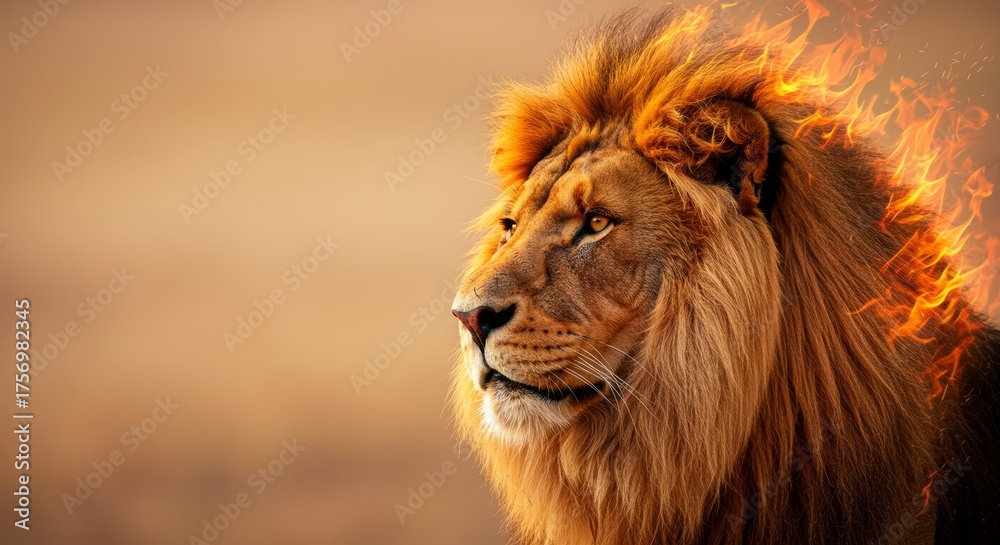 Fototapeta premium Majestic lion with fiery mane embodies power, strength, and resilience in a portrait of nature's untamed beauty