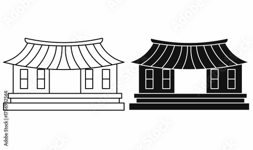 hanok icon set in silhouette and outline.for traditional house, architecture, culture, and heritage themes.isolated white background.