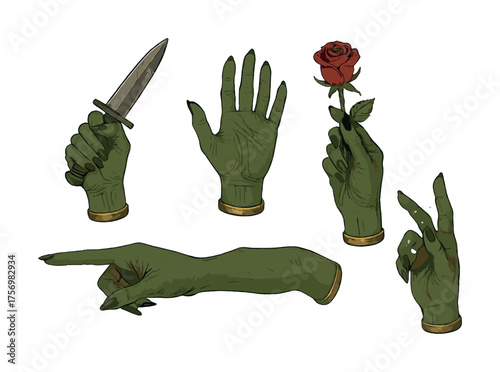 Vector Green monster hands holding objects: knife, rose, gesture, pointing, open palm