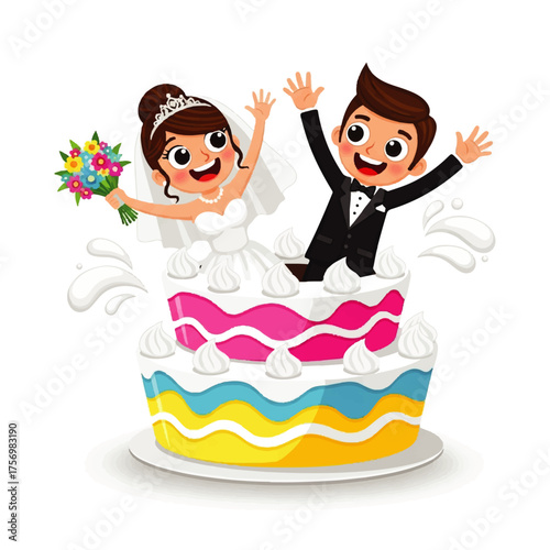 Adorable Cartoon Wedding Couple Kissing with Hearts and Flowers, Expressing Love and Romance on Their Special Day - Vector Illustration