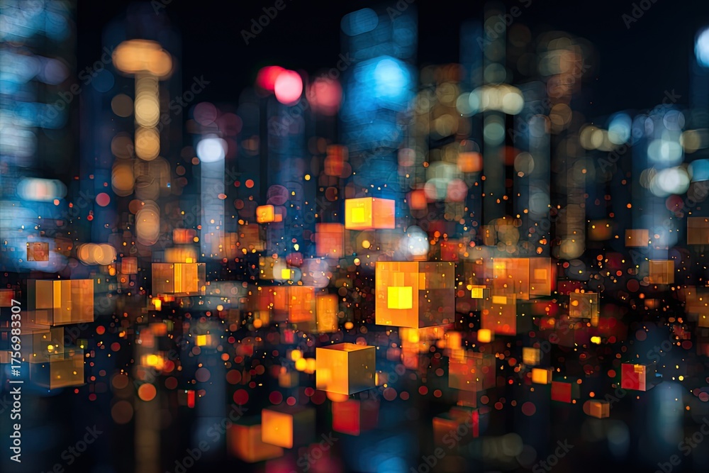 Obraz premium Abstract, illuminated, urban cityscape at night with blurred bokeh and floating cubes