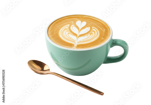 Latte art in a light green cup isolated PNG on transparent background, coffee drink with a golden spoon for cafe and restaurant use