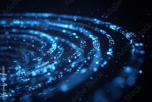 Abstract swirling blue digital light trails, circular design, dark background, futuristic visualization