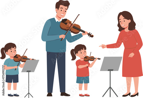 Cartoon violin lesson with children and adults, music class scene with instruments and sheet music, colorful vector illustration