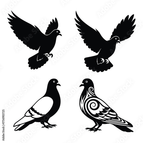 Four silhouettes of pigeons one with ornamental detail showing flight and perching positions silhouette