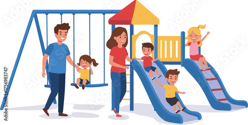Cartoon families playing in playground, outdoor activity with children and adults on slides and swings, colorful vector illustration