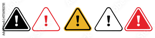 Warning signs set in various colors, Attention Icon, displaying caution symbols for safety awareness and risk prevention. Vector graphics