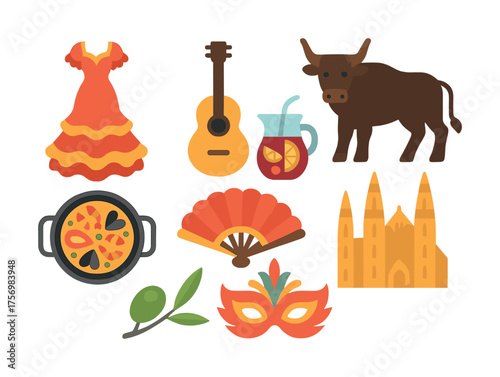 Vector Traditional spanish symbols: flamenco dress, guitar, bull, and paella