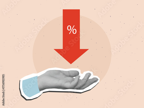 A black and white hand holding a large downward-pointing arrow with a percentage sign. Concept of interest rate reduction. Modern collage style. Vector illustration