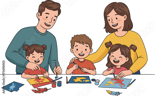 Cartoon family doing arts and crafts together, creative indoor activity with children and adults, colorful vector illustration, educational clipart