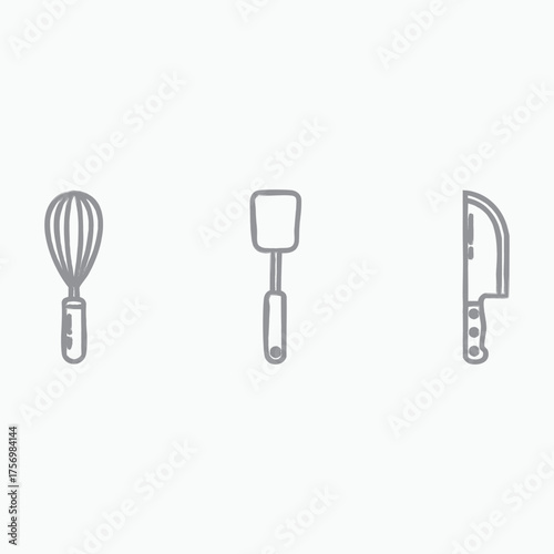 Set of three kitchen utensils whisk spatula and knife line art vector