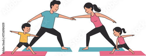 Cartoon family doing yoga together, healthy indoor activity with children and adults, colorful vector illustration, wellness clipart