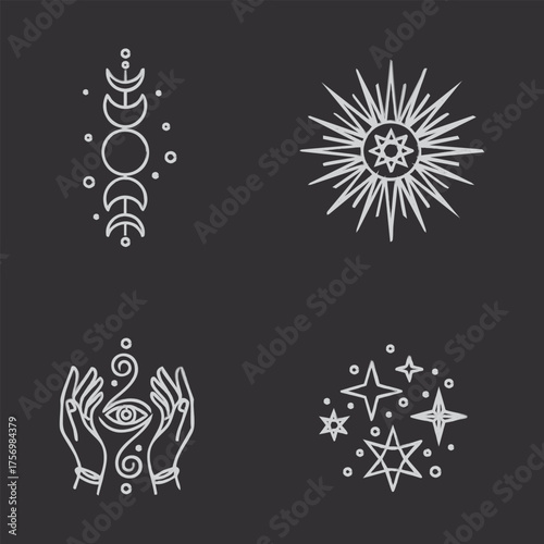 Mystical celestial icons set featuring moon phases sun stars and hands with all seeing eye vector