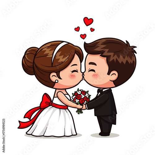 Adorable Cartoon Wedding Couple Kissing with Hearts and Flowers, Expressing Love and Romance on Their Special Day - Vector Illustration