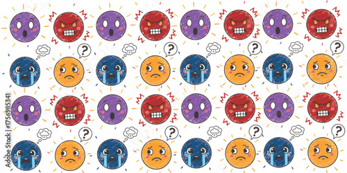 A grid of various cartoon faces expressing different emotions, such as anger, sadness, and confusion.