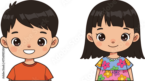 Cartoon children illustration, smiling boy and girl, floral dress, cheerful pose, expressive faces, colorful outfits, educational vector art, playful design