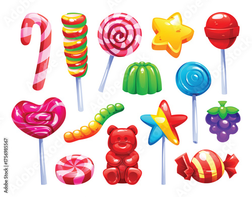 Collection of colorful sweet lollipops, jelly, caramel, and gummy candies in various shapes and flavors. Vector cartoon illustration