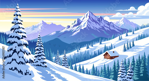 Serene winter mountain landscape illustration featuring a cozy cabin nestled amidst snow-covered pine trees under a vibrant dawn sky, evoking tranquility and natural beauty