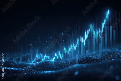 A glowing blue stock market graph depicts upward trend against dark background