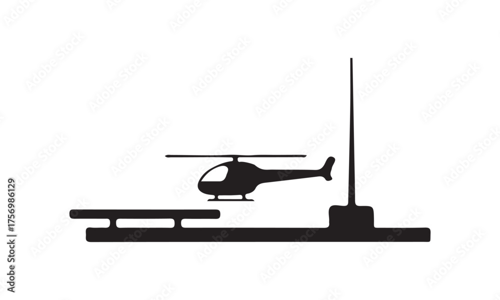 Fototapeta premium Silhouette of a helicopter on a helipad with antenna