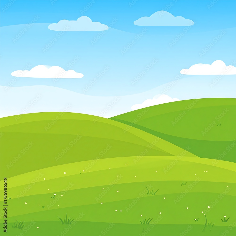 Obraz premium Animated green rolling hills scene with a bright blue sky and fluffy clouds