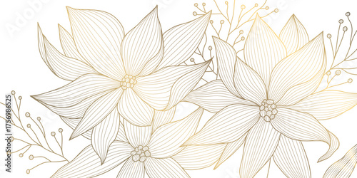 Elegant golden floral background with seasonal botanical elements, line vector style. Perfect for luxury holiday cards, wedding invitations, and modern winter or spring design projects