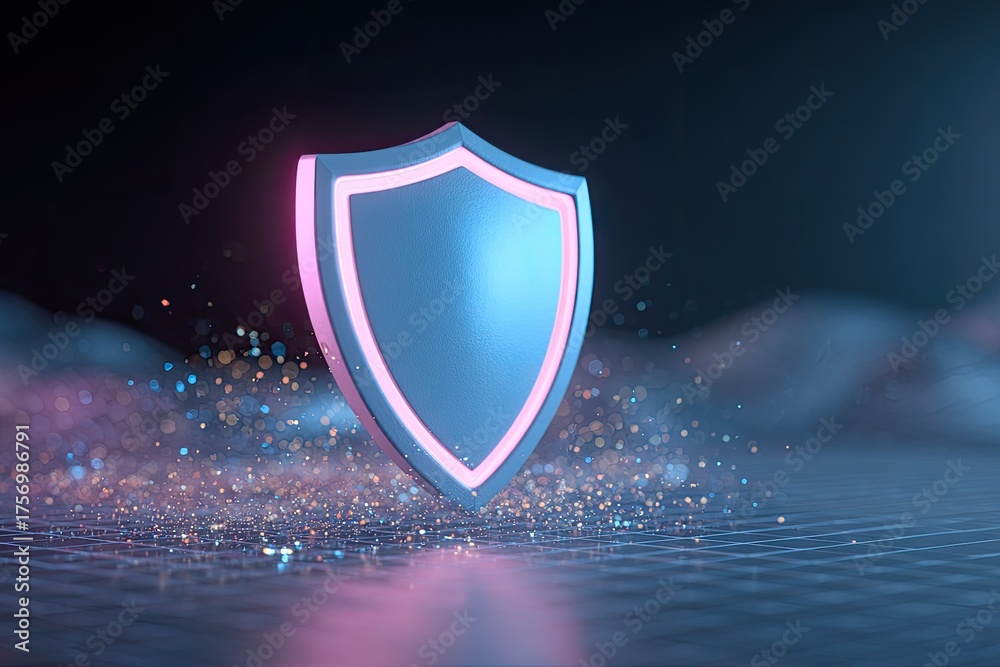 Fototapeta premium A glowing shield, with a neon pink border, floats over a shimmering wavy surface