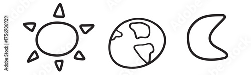 Cosmic Alignment. Outline vector illustration of a sun, planet and moon. Simple design for astronomical event.