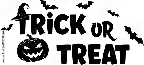 Spooky trick or treat halloween text with pumpkin and bats design vector