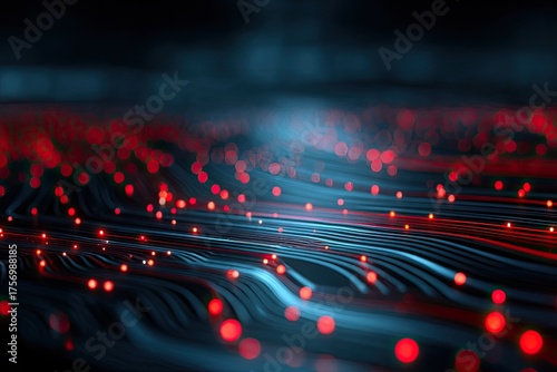 Abstract of glowing red orbs aligned in wavy blue lines, creating a futuristic and digital scene