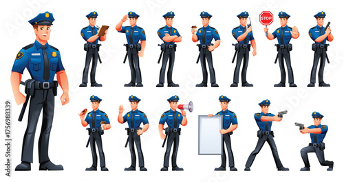 Set of various poses of a professional policeman character. Vector cartoon illustration