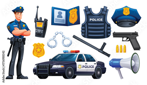 Professional police officer character and set of equipment including a patrol car, vest, gun, handcuffs, radio, and megaphone. Vector cartoon illustration