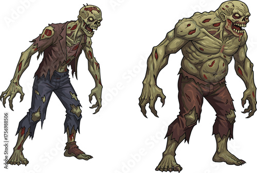 Scary zombie creatures walking in tattered clothes, undead monsters with rotting skin and glowing eyes, horror illustration for Halloween design