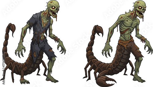 Scorpion zombie hybrid monster illustration, undead creature mutation concept, horror fantasy artwork showing creepy scorpion humanoid, dark apocalyptic fantasy character design