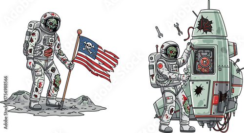 Zombie astronaut, undead space explorer, apocalyptic outer space horror scene, creepy cosmic adventure, sci-fi undead character, futuristic horror illustration, astronaut zombie art