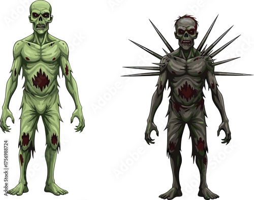 Zombie character illustration, creepy undead monsters, horror creature art, spooky Halloween design, fantasy undead warriors with spikes and wounds