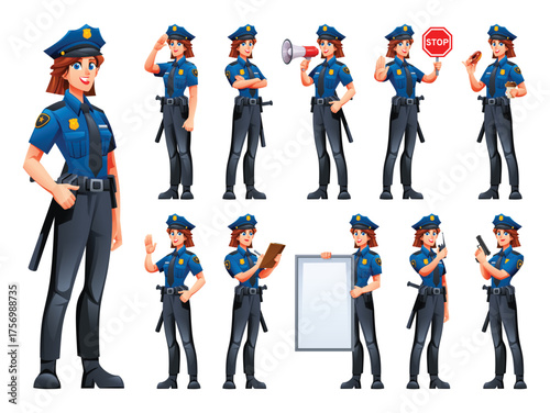 Set of various poses of a professional police woman character. Vector cartoon illustration