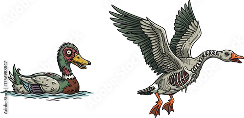 Zombie duck and undead goose, horror birds, creepy animals, dark fantasy creatures, apocalyptic wildlife illustration, scary waterfowl, infected monster birds