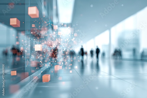 Abstract digital data visualization of people in a modern architectural interior, blurred