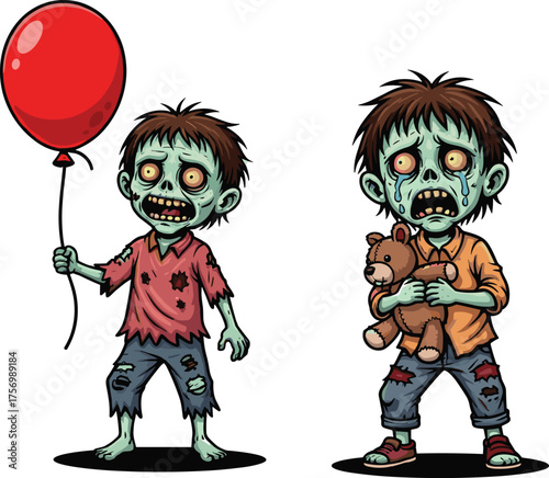 Zombie kids, undead children, creepy cartoon illustration, horror fantasy artwork, scary little zombies with balloon and teddy bear, Halloween undead theme