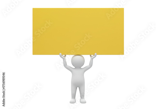 3D stick figure holding yellow sign isolated PNG, blank board for message or advertisement on transparent background