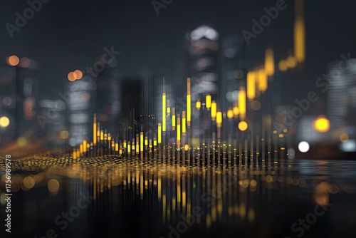 A cityscape at night with golden financial data overlaid and reflecting on a surface
