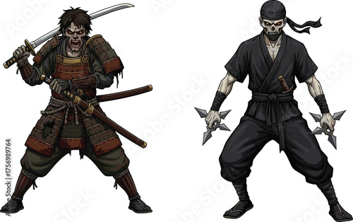 Zombie samurai warrior and undead ninja assassin illustration, horror fantasy characters with katana and shuriken for dark art, gaming, and Halloween