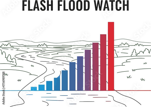 A flash flood watch warning graphic with a rising bar chart over a river, indicating escalating danger.