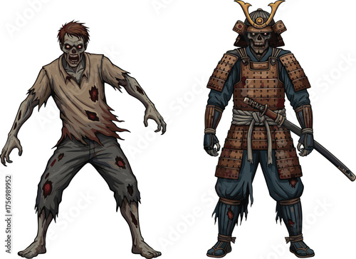 Zombie warrior and undead samurai illustration, horror fantasy artwork with rotting zombie and armored skeleton soldier, spooky Halloween concept design