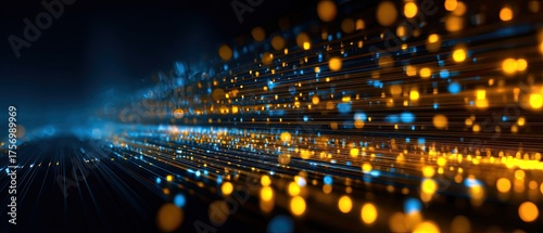 Abstract illustration with glowing blue and gold light streaks, bokeh, dark background, futuristic