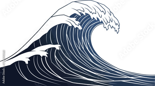 A stylized graphic illustration of a large, powerful ocean wave with white foam, reminiscent of traditional Japanese art.