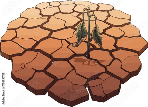A solitary wilting plant with drooping leaves stands on a patch of dry, cracked earth, symbolizing drought and aridity.