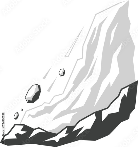 A stylized illustration of a powerful avalanche with snow and rocks tumbling down a steep mountainside.